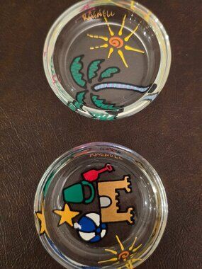 Vintage hand-painted beach and sun-themed coasters by Raenell
